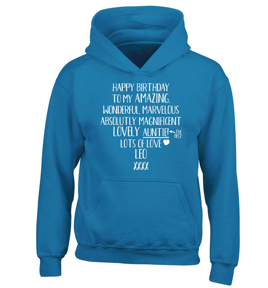 Personalised happy birthday to my amazing, wonderful, lovely auntie children's blue hoodie 12-13 Years