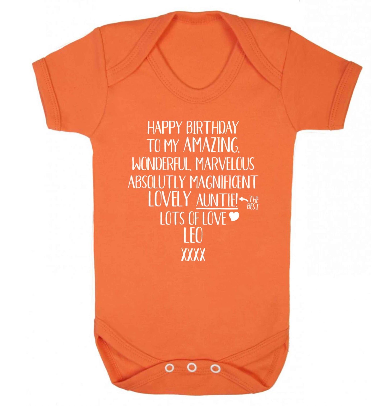 Personalised happy birthday to my amazing, wonderful, lovely auntie Baby Vest orange 18-24 months