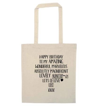 Personalised happy birthday to my amazing, wonderful, lovely auntie natural tote bag