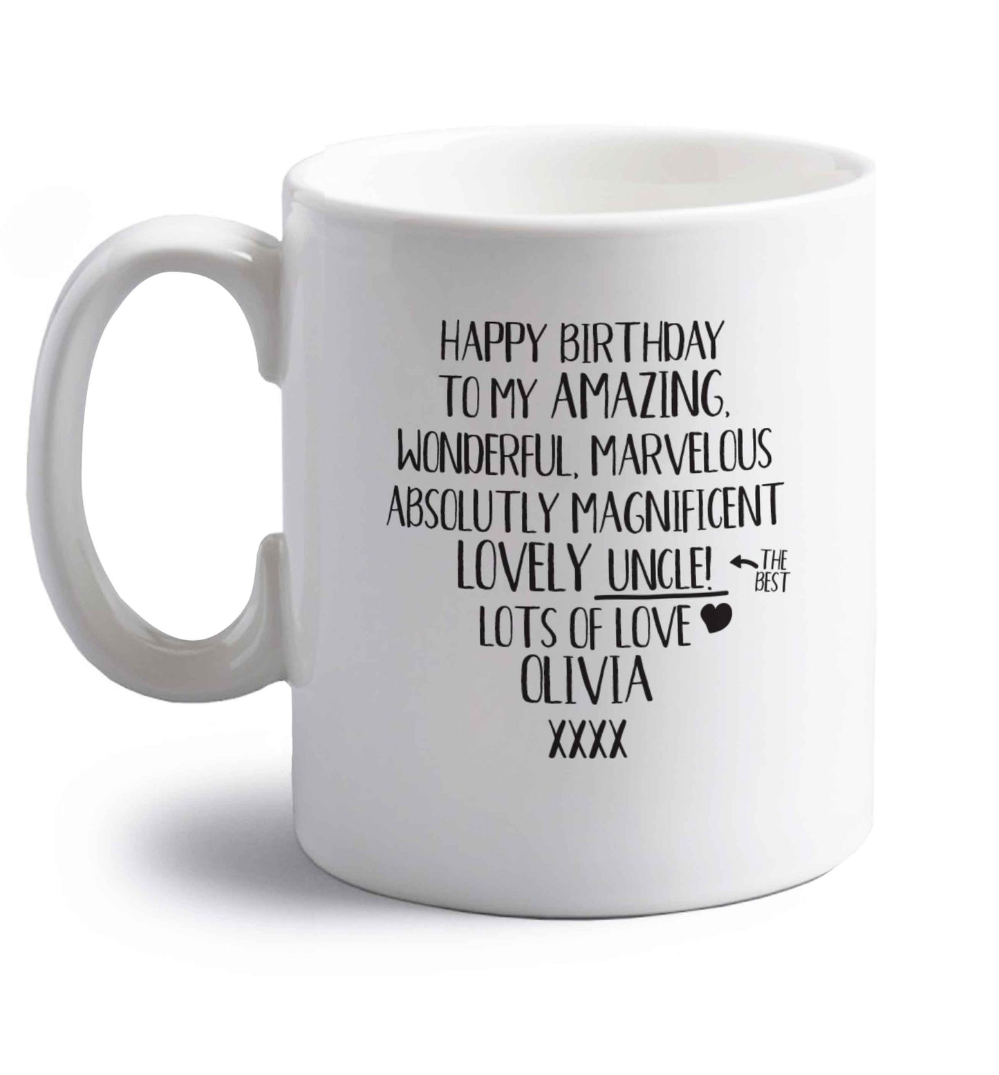 Personalised happy birthday to my amazing, wonderful, lovely uncle right handed white ceramic mug 