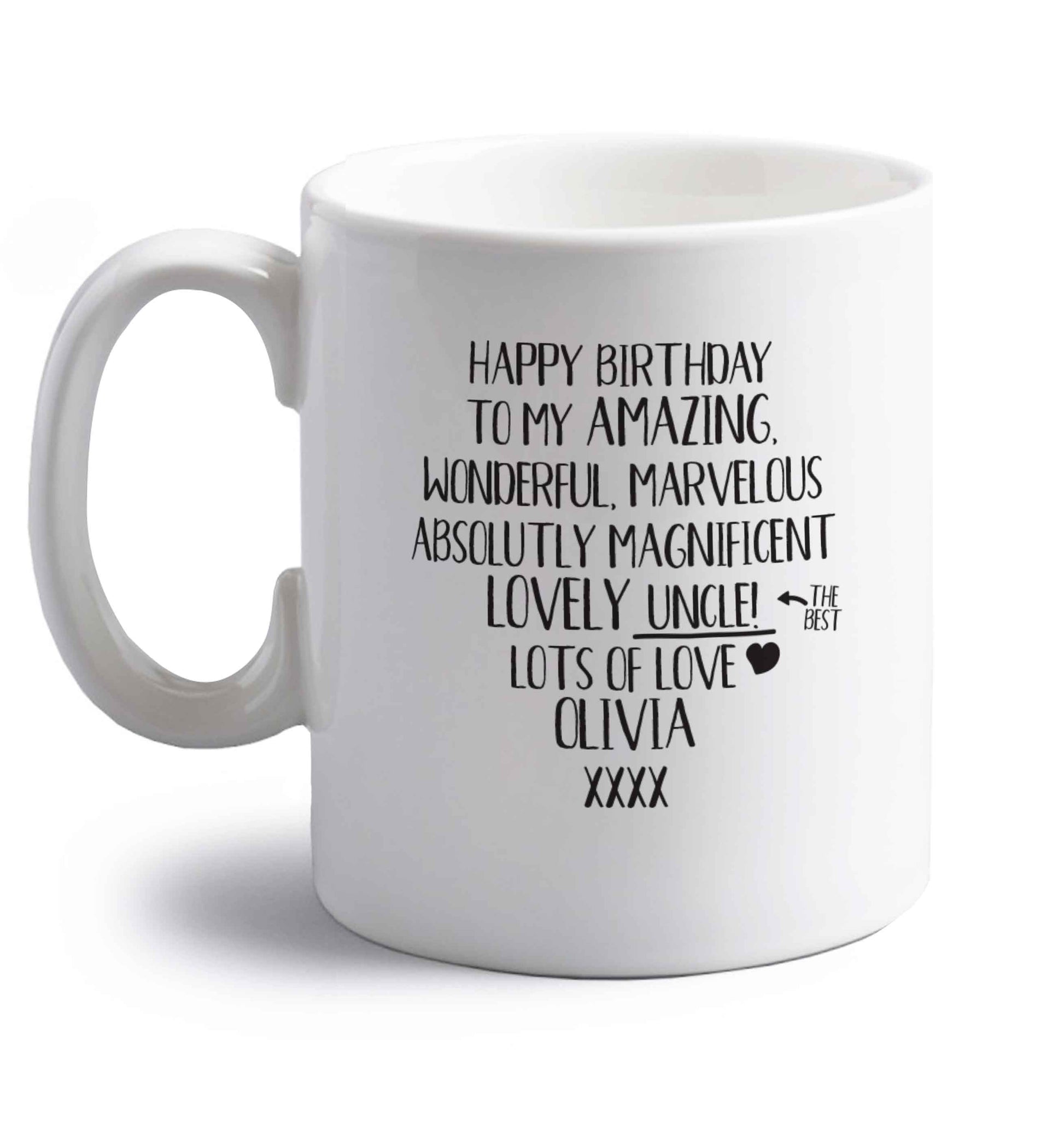 Personalised happy birthday to my amazing, wonderful, lovely uncle right handed white ceramic mug 