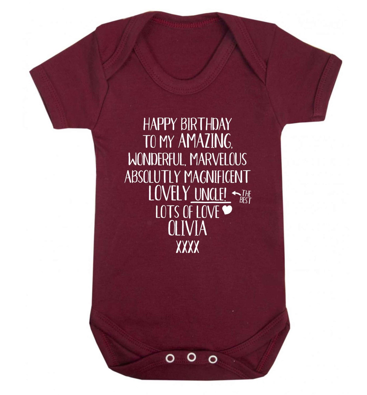 Personalised happy birthday to my amazing, wonderful, lovely uncle Baby Vest maroon 18-24 months