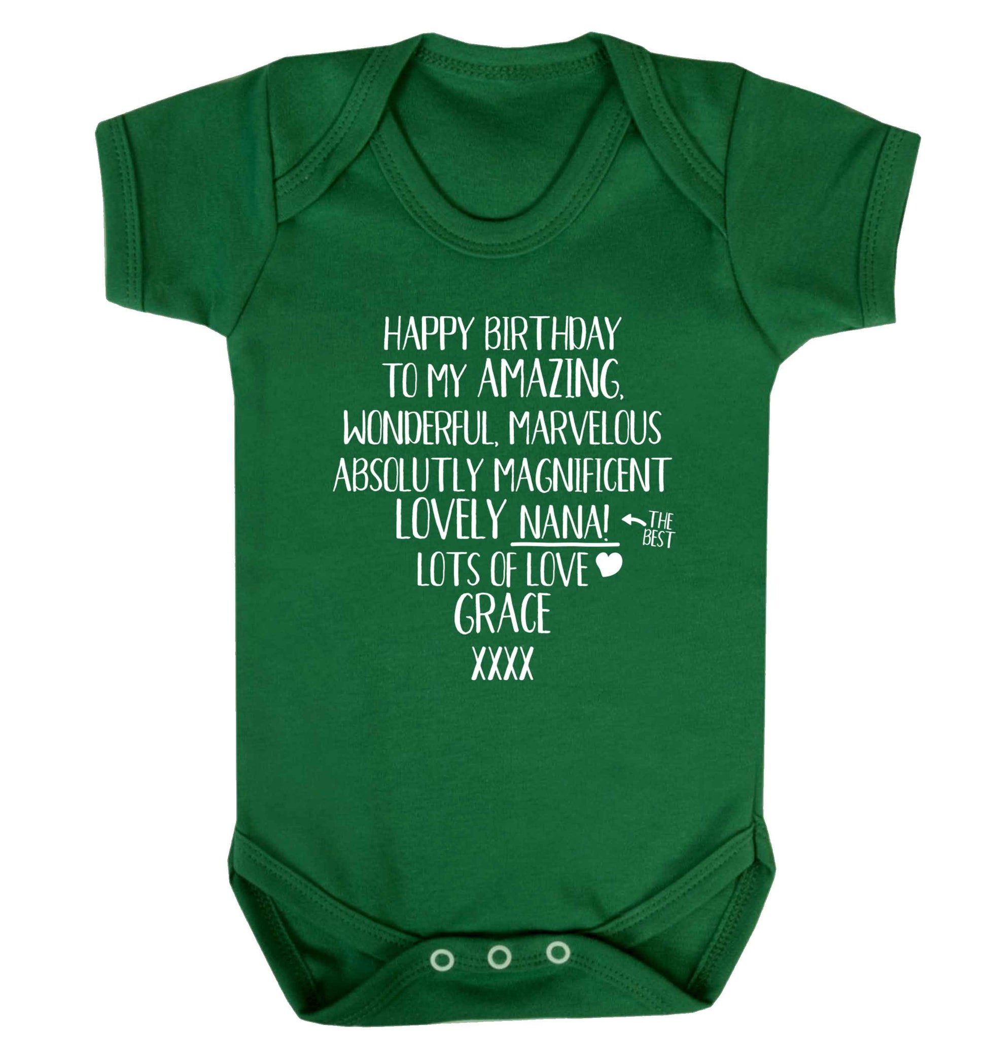 Personalised happy birthday to my amazing, wonderful, lovely nana Baby Vest green 18-24 months