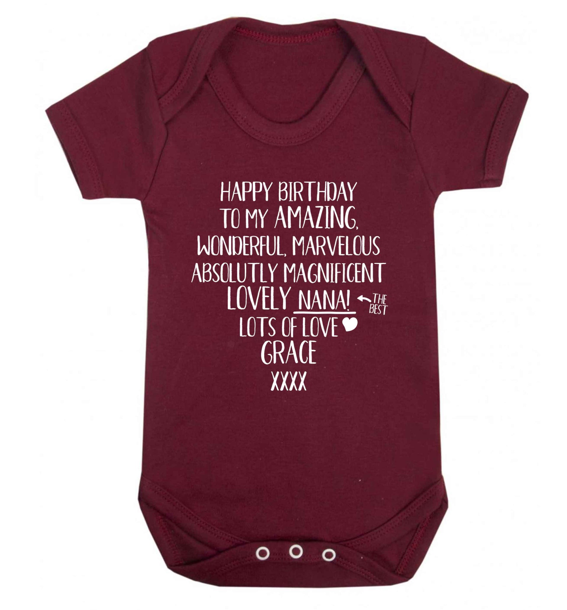 Personalised happy birthday to my amazing, wonderful, lovely nana Baby Vest maroon 18-24 months