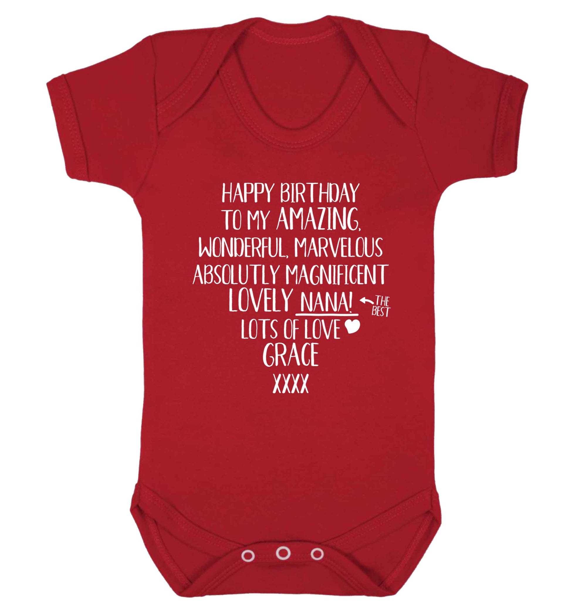 Personalised happy birthday to my amazing, wonderful, lovely nana Baby Vest red 18-24 months