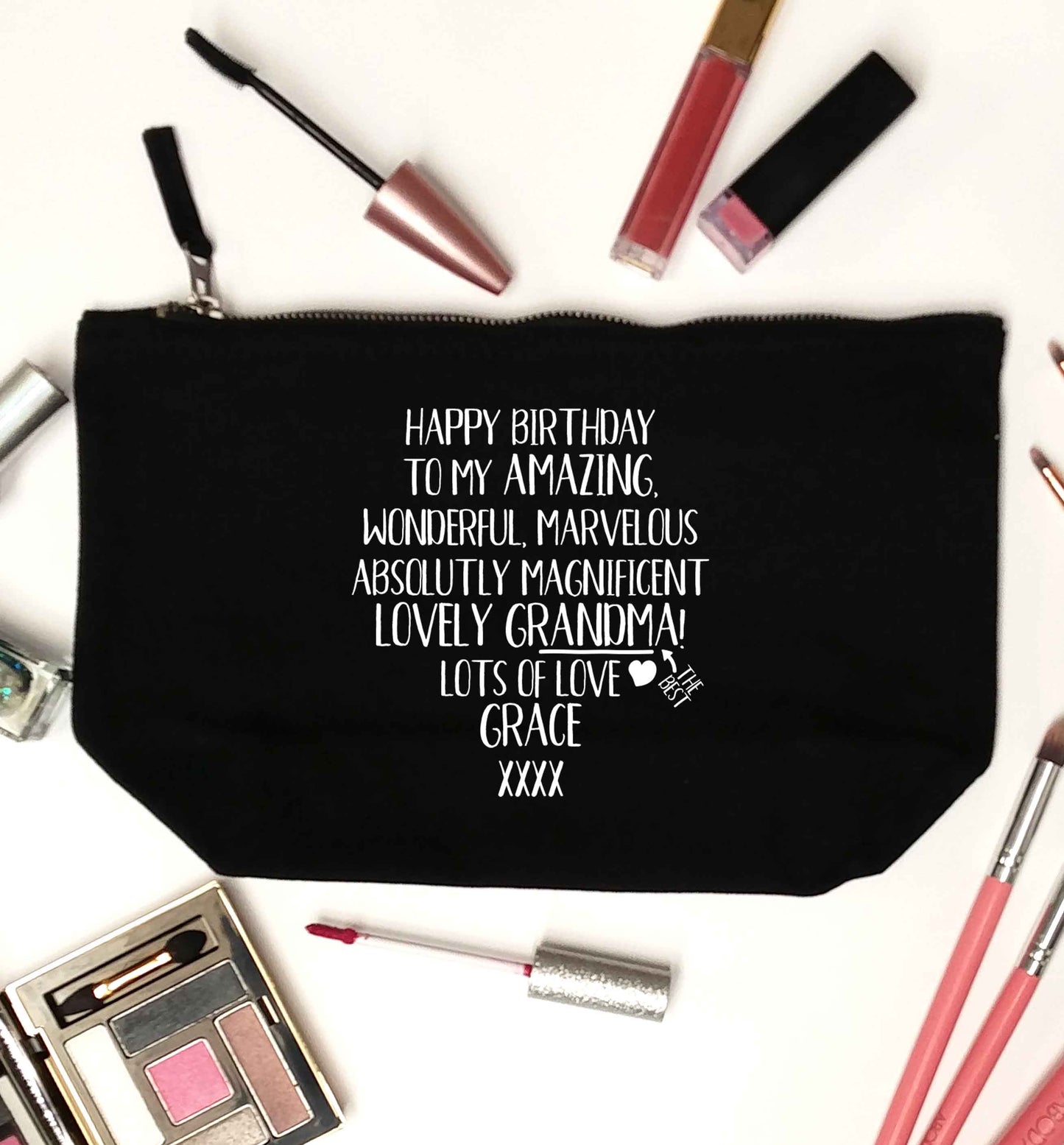 Personalised happy birthday to my amazing, wonderful, lovely grandma black makeup bag