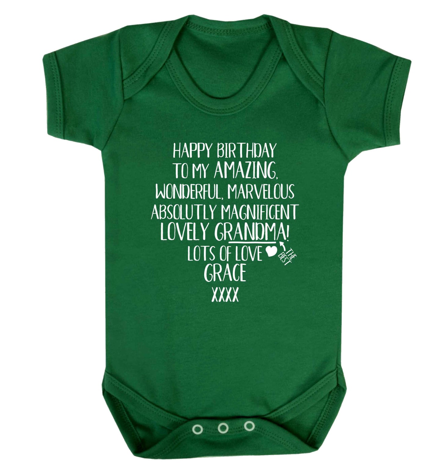 Personalised happy birthday to my amazing, wonderful, lovely grandma Baby Vest green 18-24 months