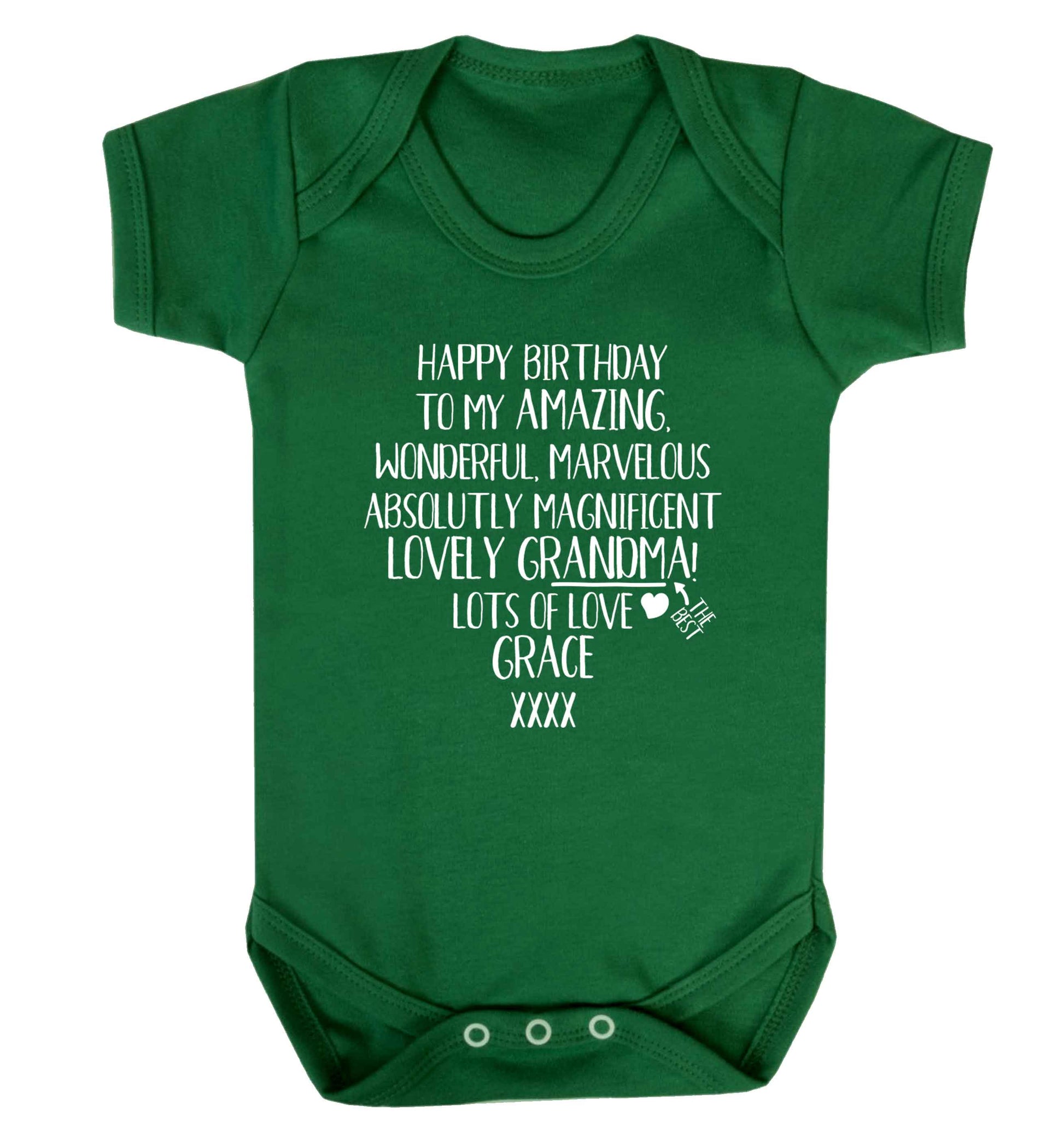 Personalised happy birthday to my amazing, wonderful, lovely grandma Baby Vest green 18-24 months