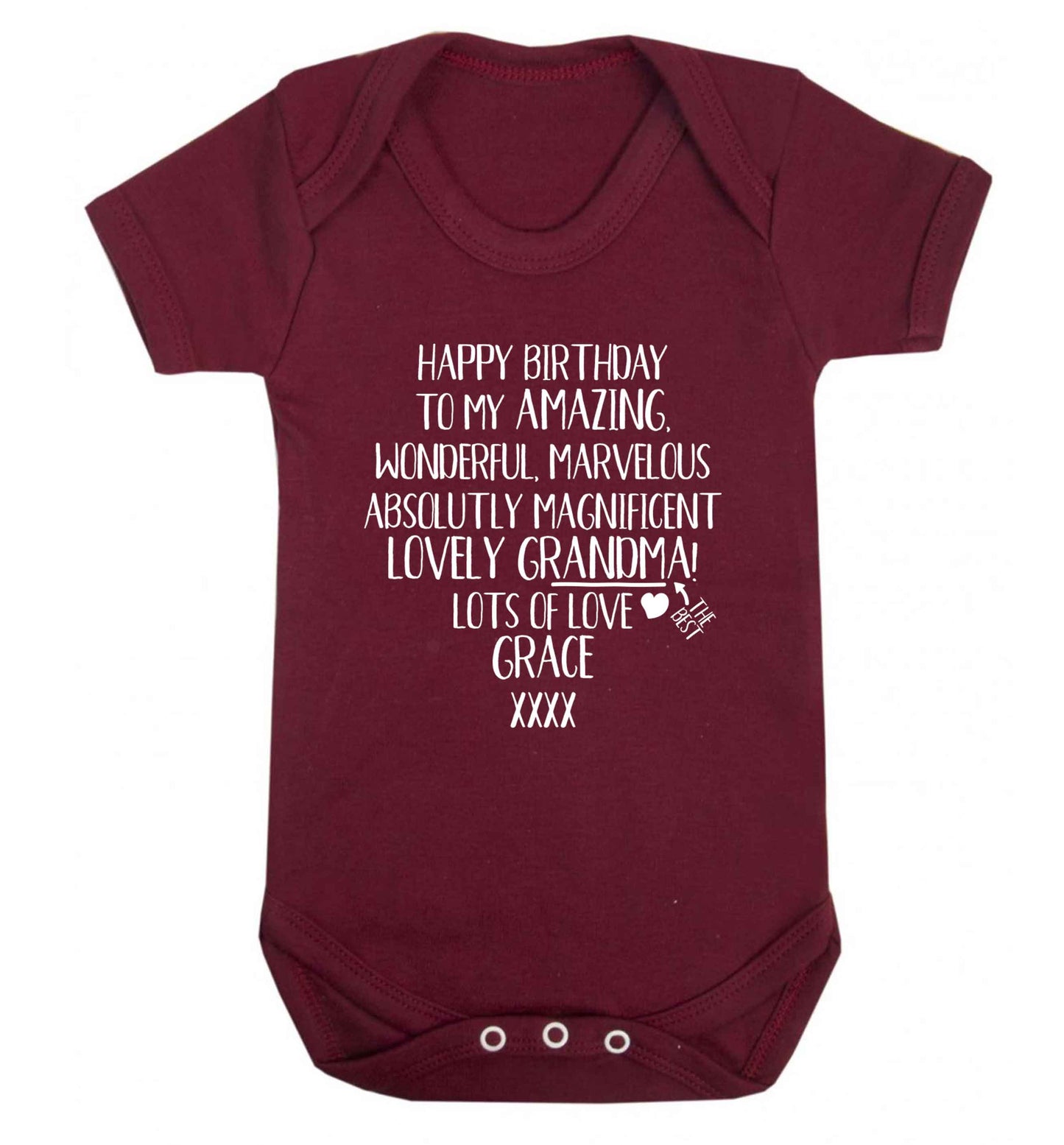 Personalised happy birthday to my amazing, wonderful, lovely grandma Baby Vest maroon 18-24 months