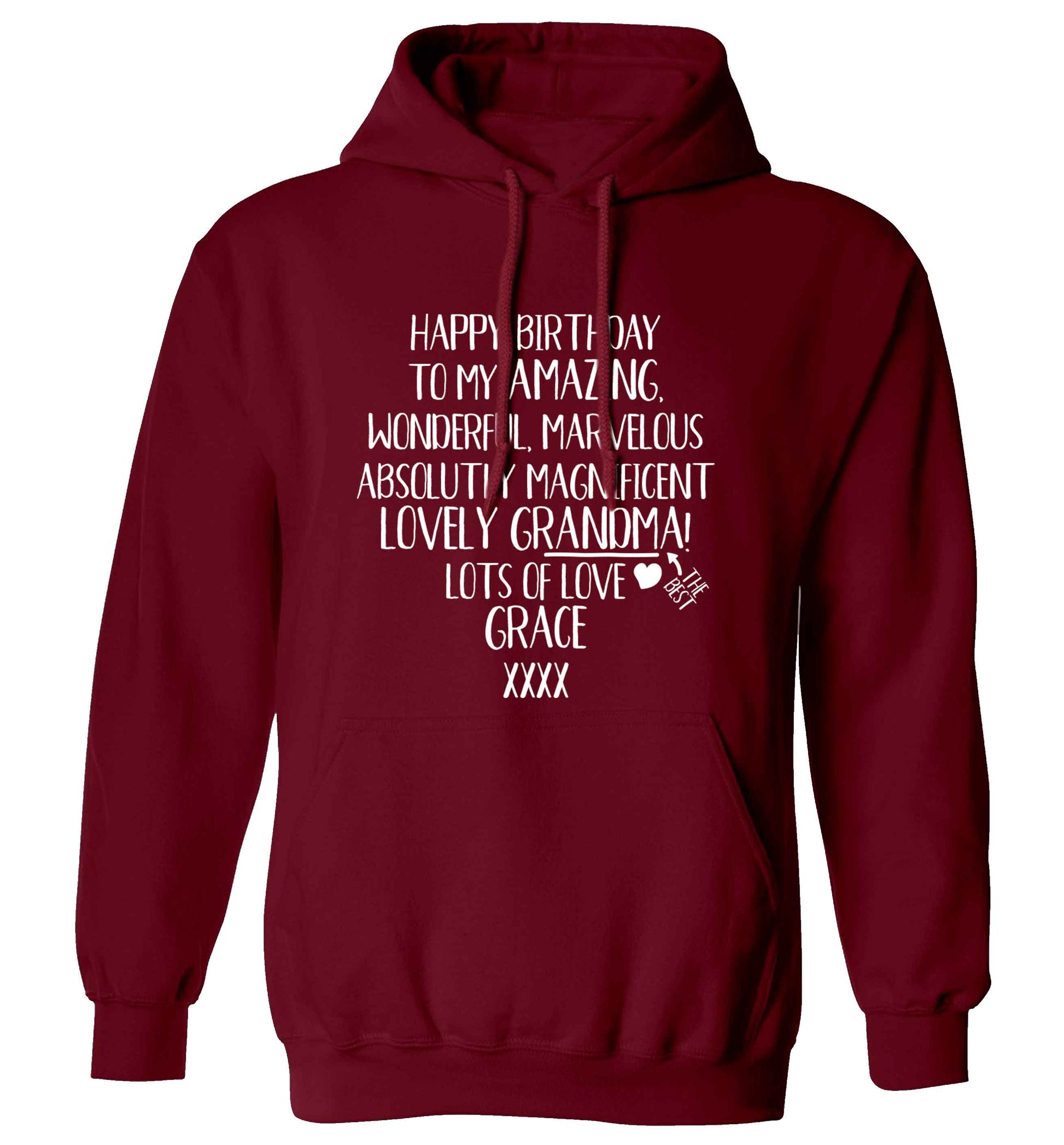 Personalised happy birthday to my amazing, wonderful, lovely grandma adults unisex maroon hoodie 2XL