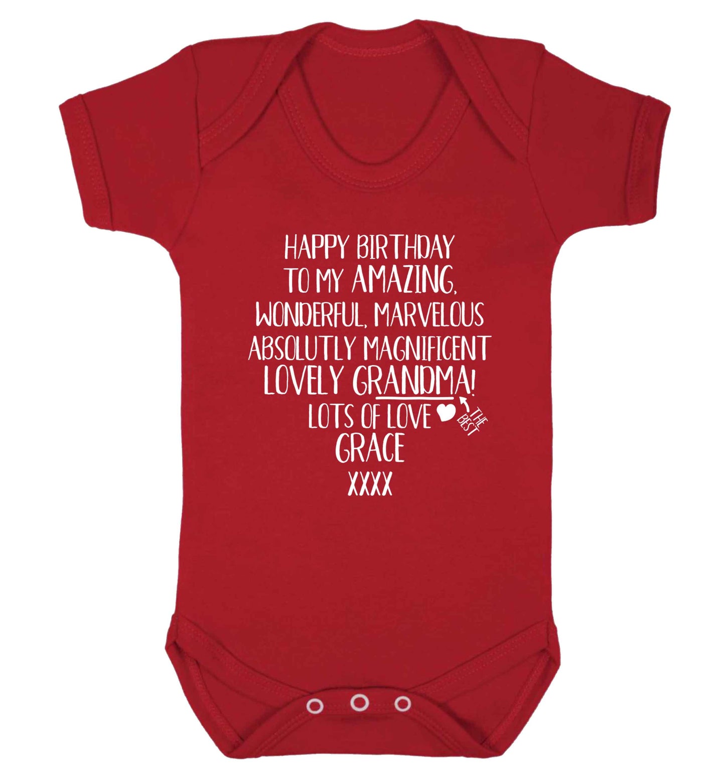 Personalised happy birthday to my amazing, wonderful, lovely grandma Baby Vest red 18-24 months