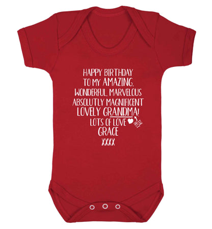 Personalised happy birthday to my amazing, wonderful, lovely grandma Baby Vest red 18-24 months