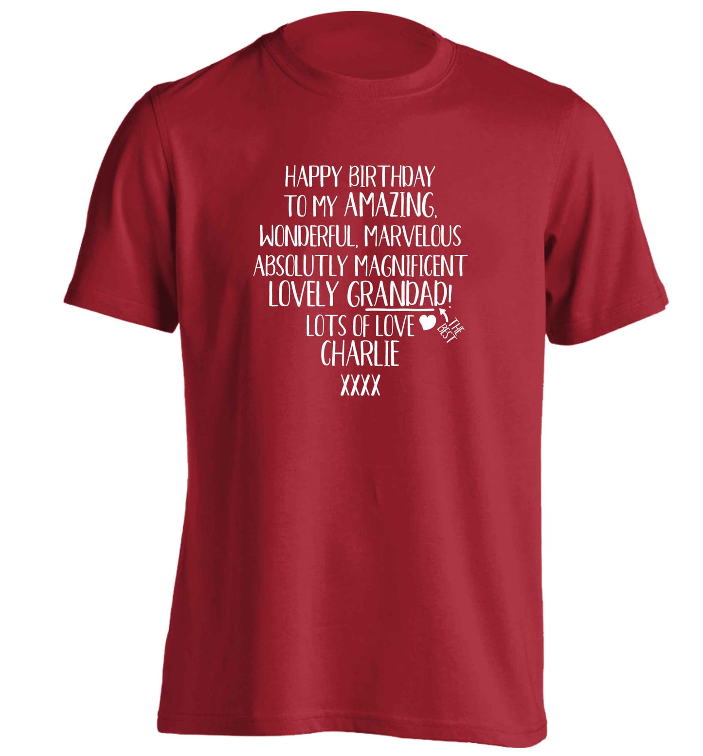 Personalised happy birthday to my amazing, wonderful, lovely grandad adults unisex red Tshirt 2XL