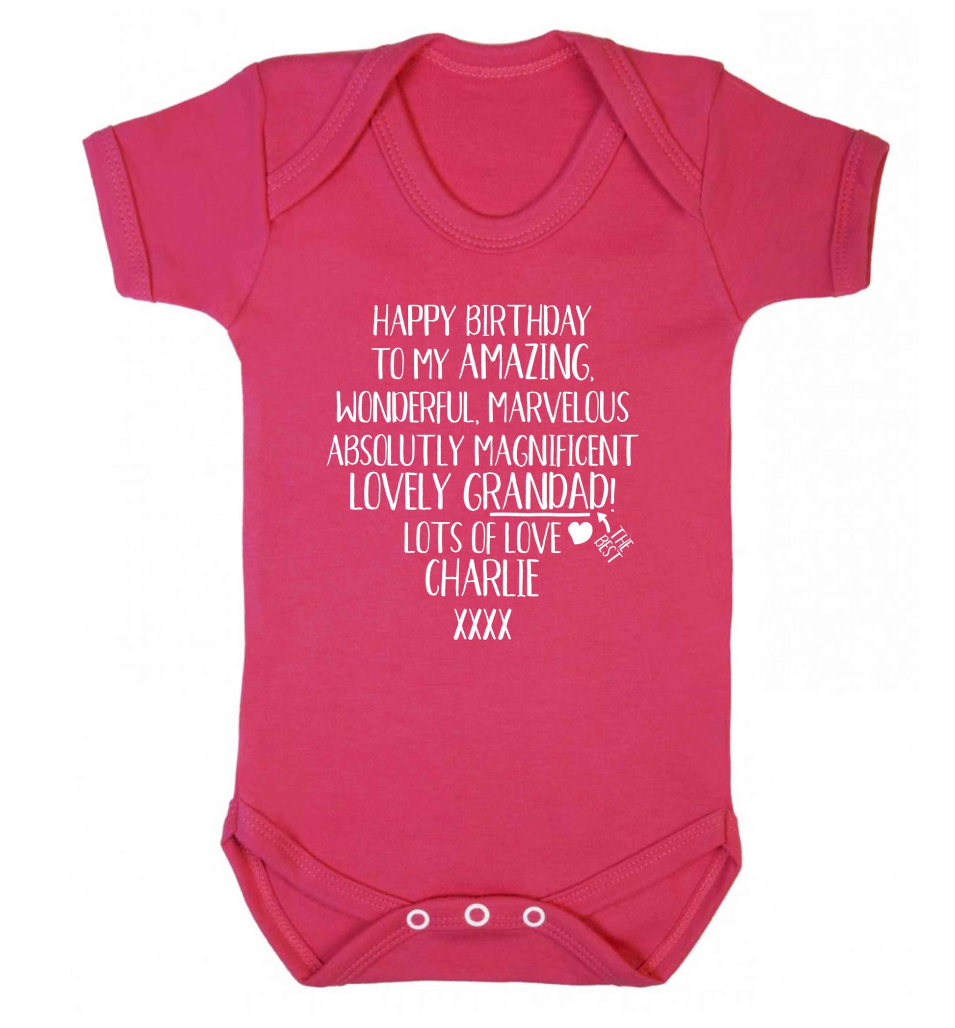 Personalised happy birthday to my amazing, wonderful, lovely grandad Baby Vest dark pink 18-24 months