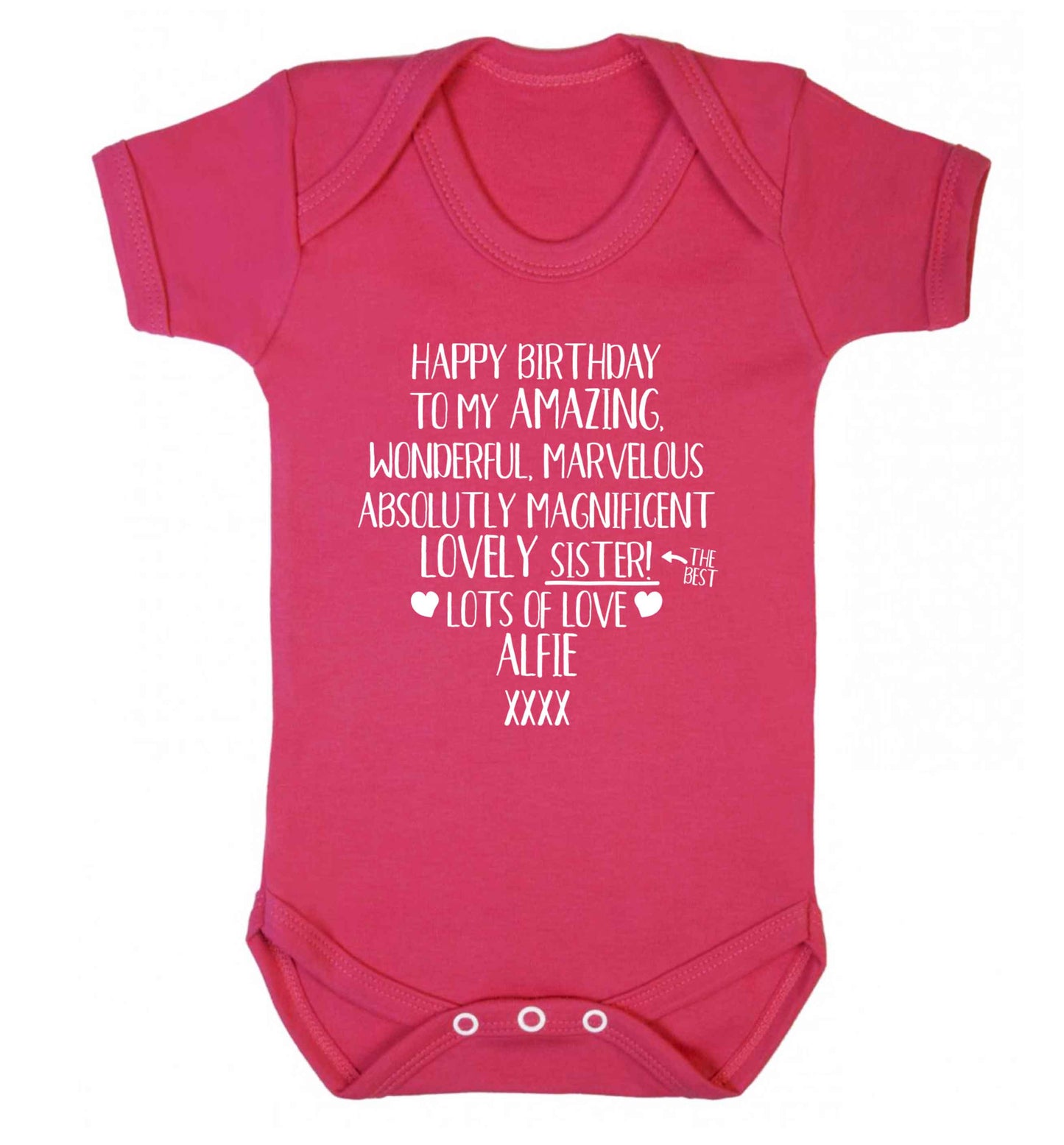 Personalised happy birthday to my amazing, wonderful, lovely sister Baby Vest dark pink 18-24 months