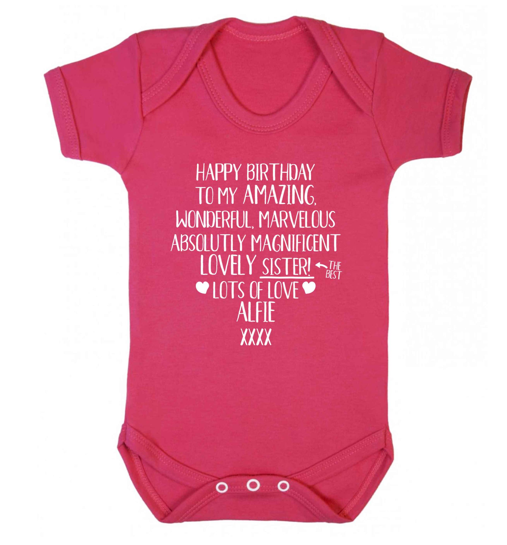 Personalised happy birthday to my amazing, wonderful, lovely sister Baby Vest dark pink 18-24 months