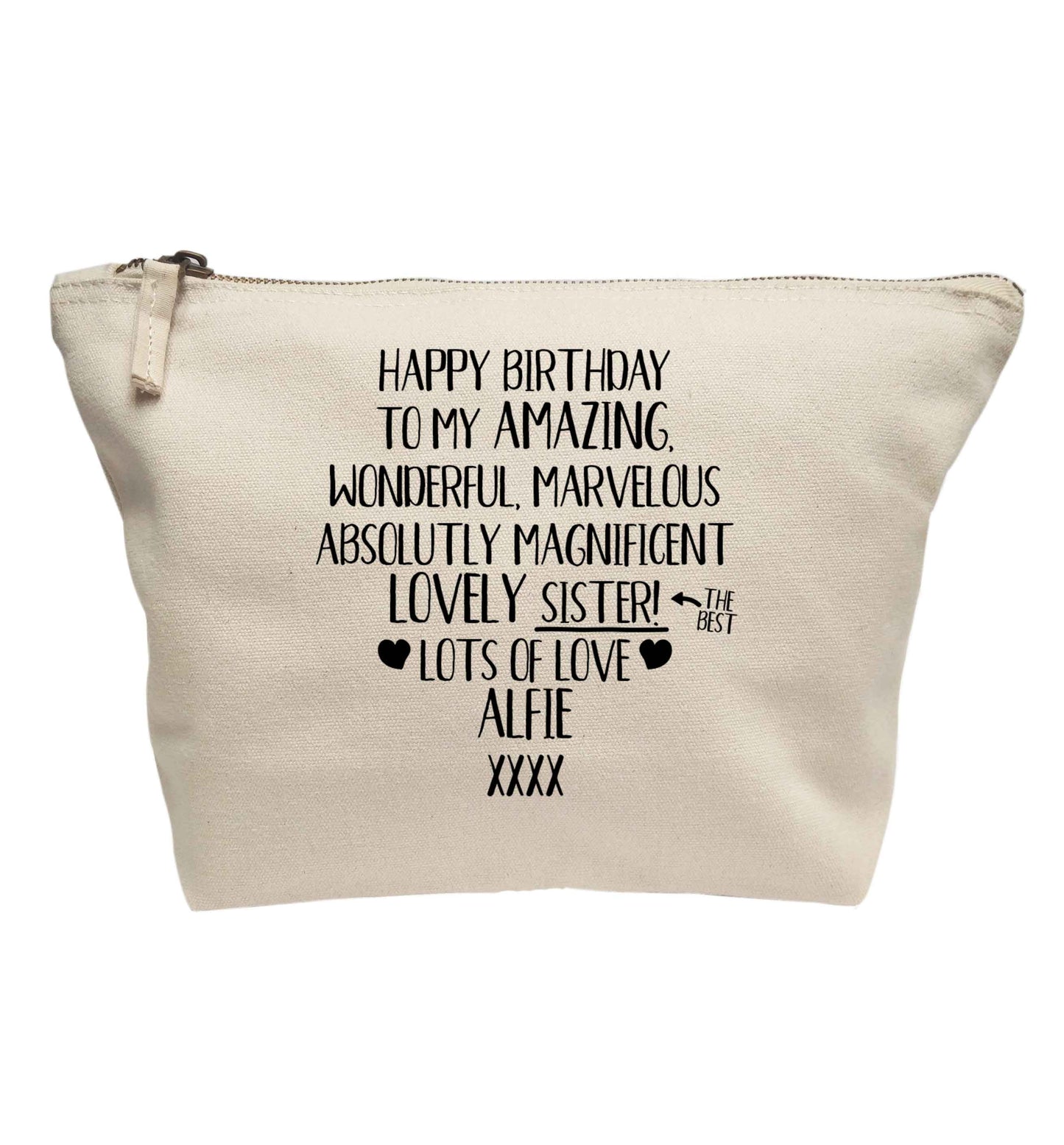 Personalised happy birthday to my amazing, wonderful, lovely sister | makeup / wash bag