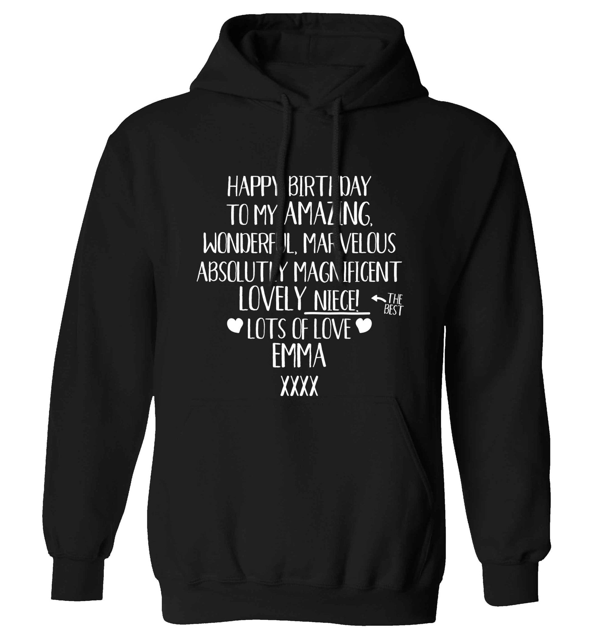 Personalised happy birthday to my amazing, wonderful, lovely niece adults unisex black hoodie 2XL