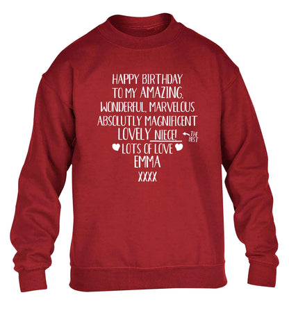Personalised happy birthday to my amazing, wonderful, lovely niece children's grey sweater 12-13 Years