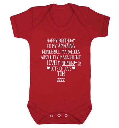 Personalised happy birthday to my amazing, wonderful, lovely nephew Baby Vest red 18-24 months
