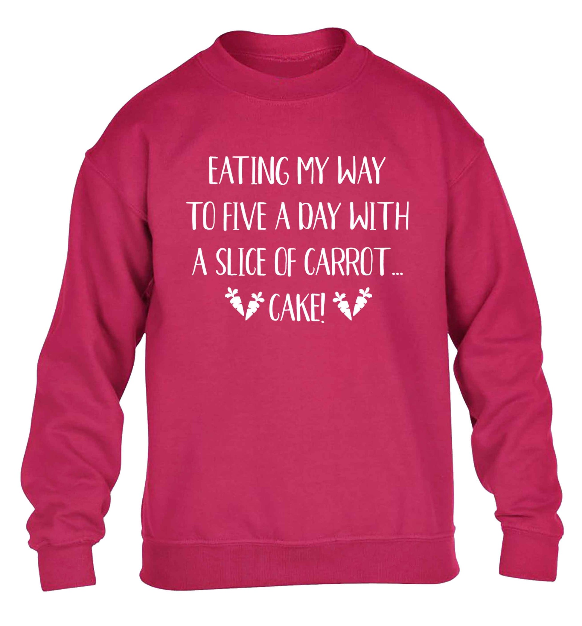 Eating my way to five a day with a slice of carrot cake day children's pink sweater 12-13 Years