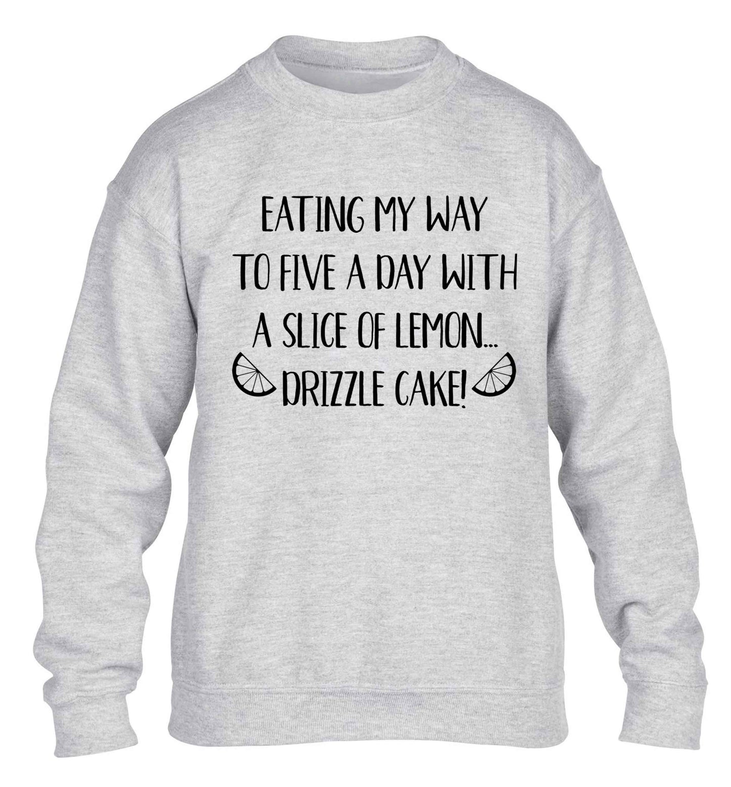 Eating my way to five a day with a slice of lemon drizzle cake day children's grey sweater 12-13 Years