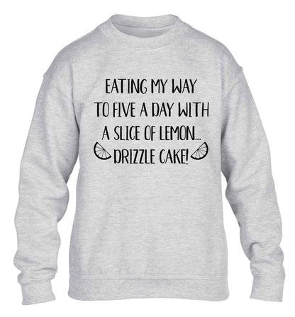Eating my way to five a day with a slice of lemon drizzle cake day children's grey sweater 12-13 Years