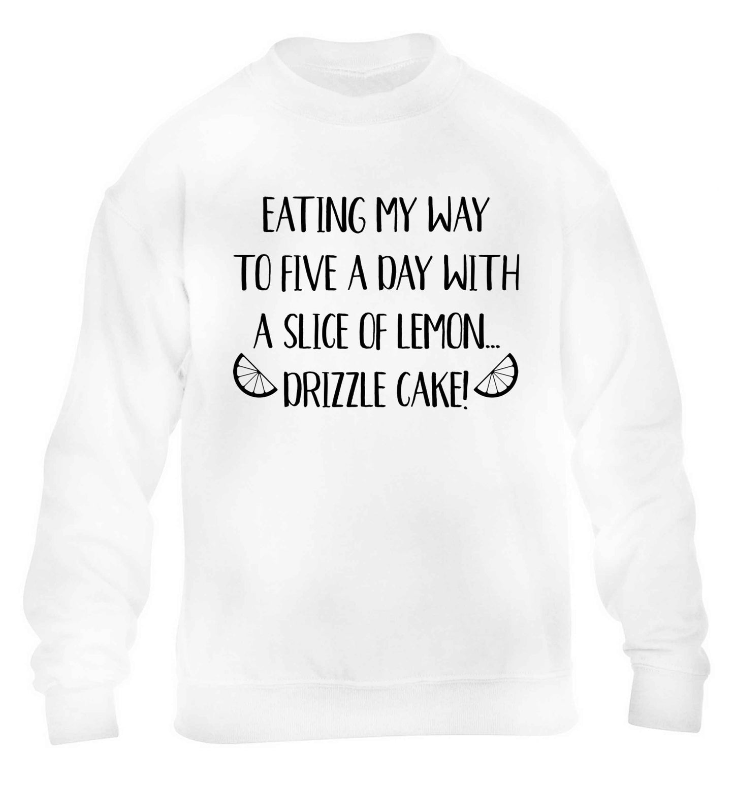 Eating my way to five a day with a slice of lemon drizzle cake day children's white sweater 12-13 Years