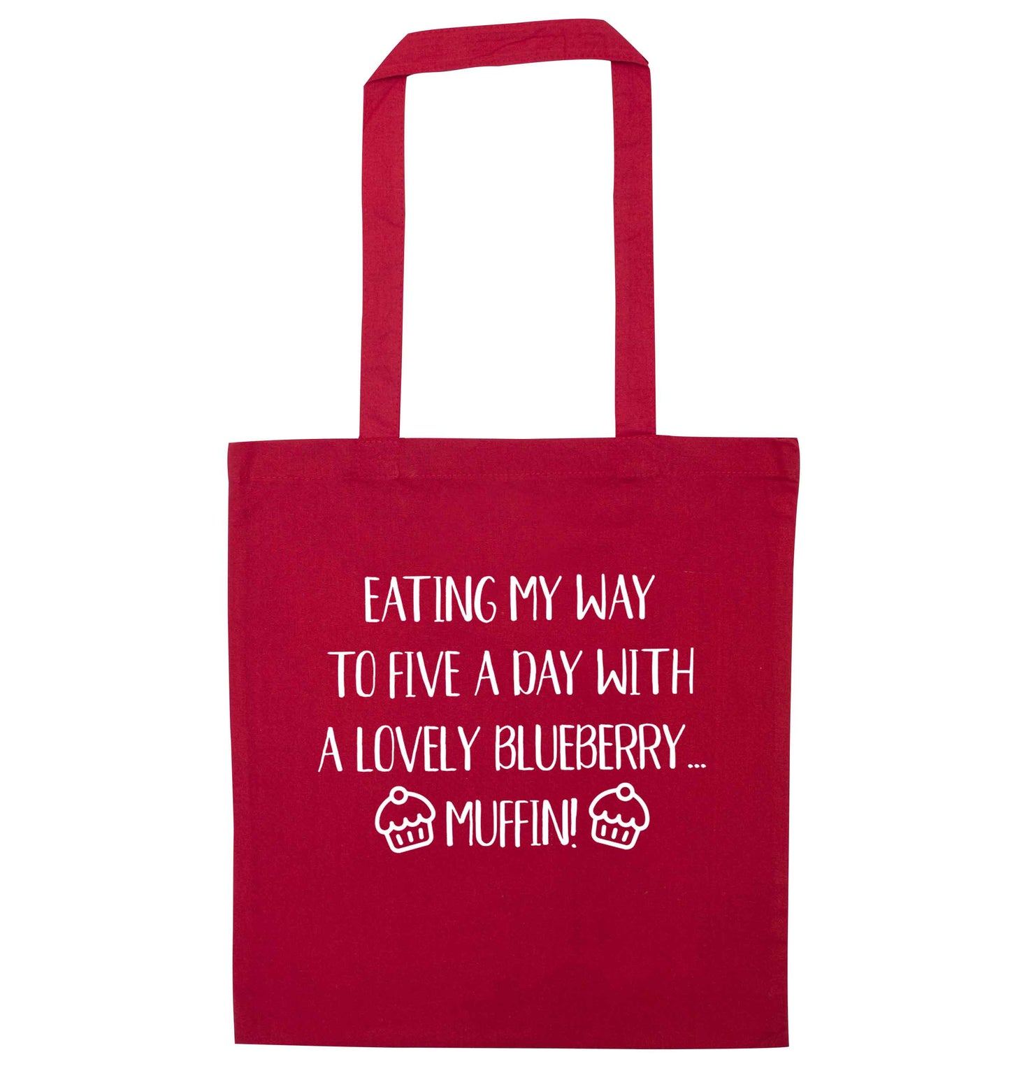 Eating my way to five a day with a lovely blueberry muffin red tote bag
