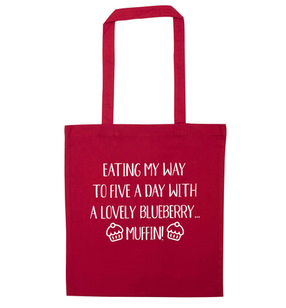Eating my way to five a day with a lovely blueberry muffin red tote bag