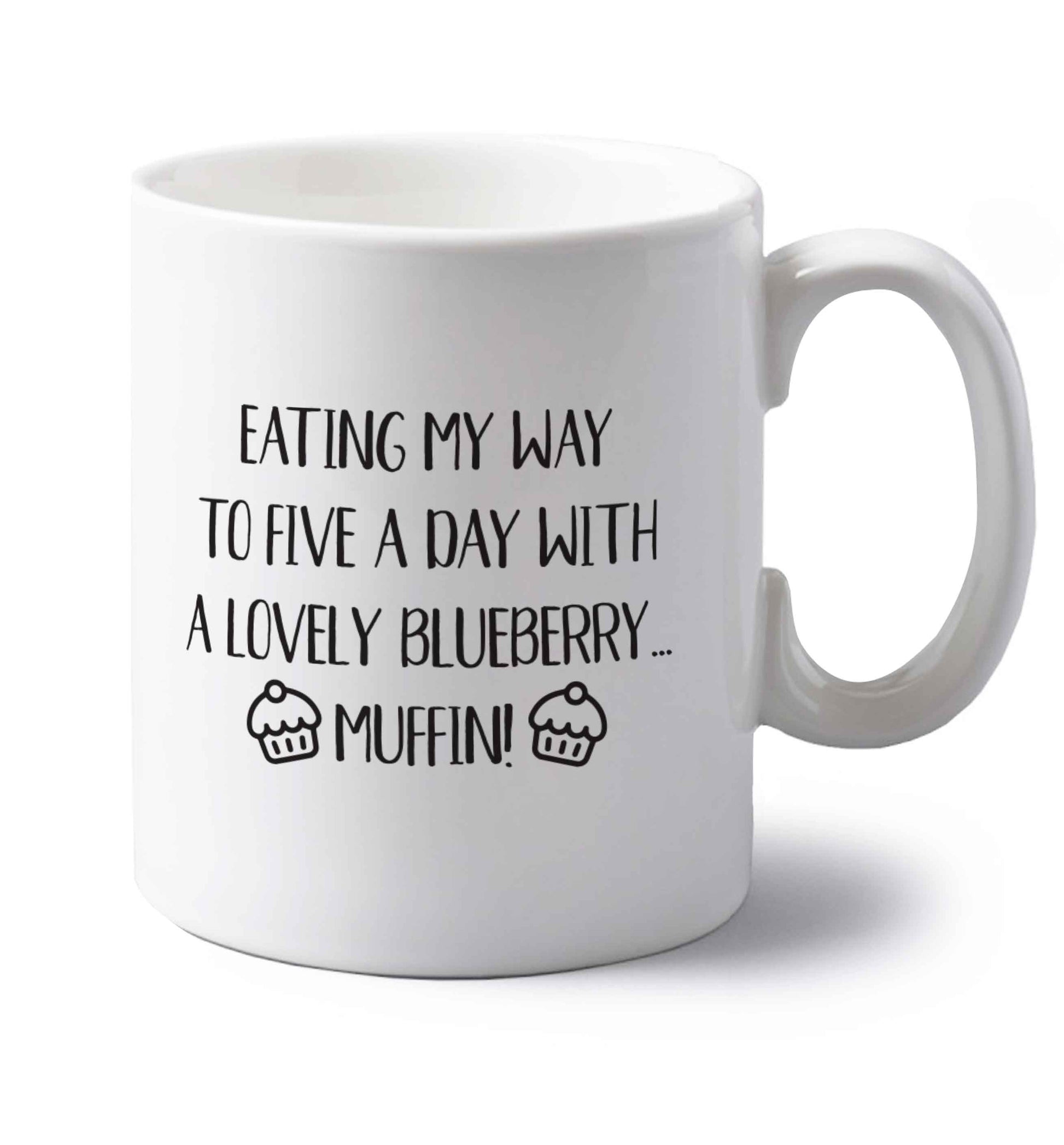 Eating my way to five a day with a lovely blueberry muffin left handed white ceramic mug 