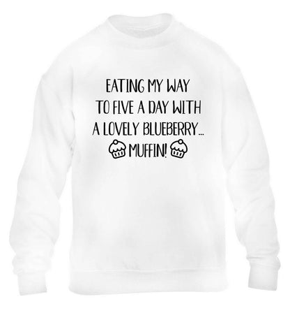 Eating my way to five a day with a lovely blueberry muffin children's white sweater 12-13 Years