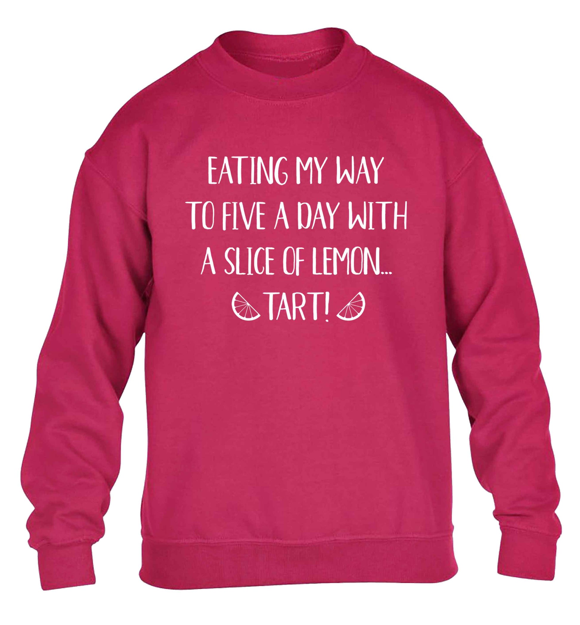 Eating my way to five a day with a slice of lemon tart children's pink sweater 12-13 Years