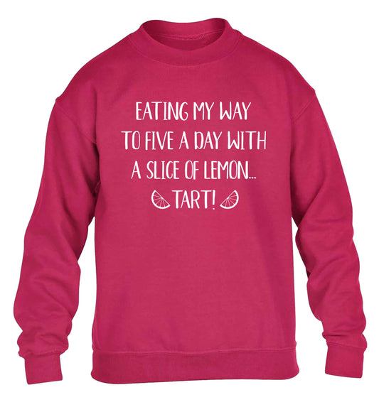 Eating my way to five a day with a slice of lemon tart children's pink sweater 12-13 Years