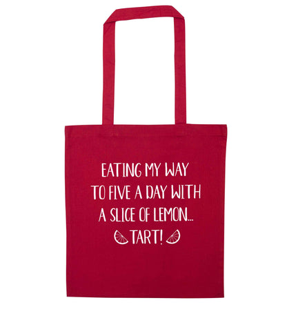 Eating my way to five a day with a slice of lemon tart red tote bag