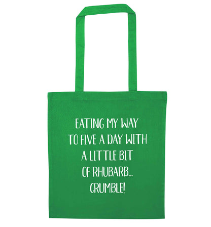 Eating my way to five a day with a little bit of rhubarb crumble green tote bag