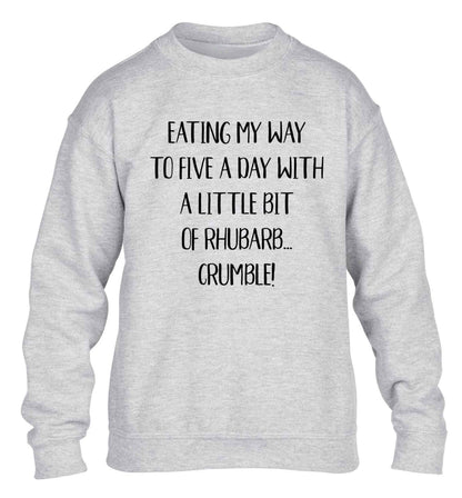 Eating my way to five a day with a little bit of rhubarb crumble children's grey sweater 12-13 Years