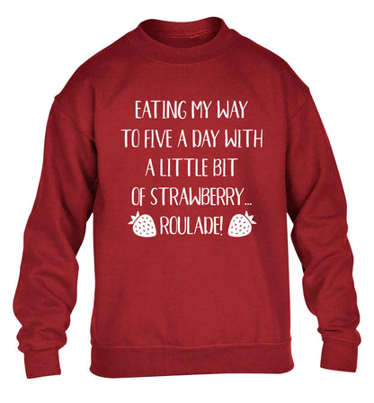 Eating my way to five a day with a little bit of strawberry roulade children's grey sweater 12-13 Years