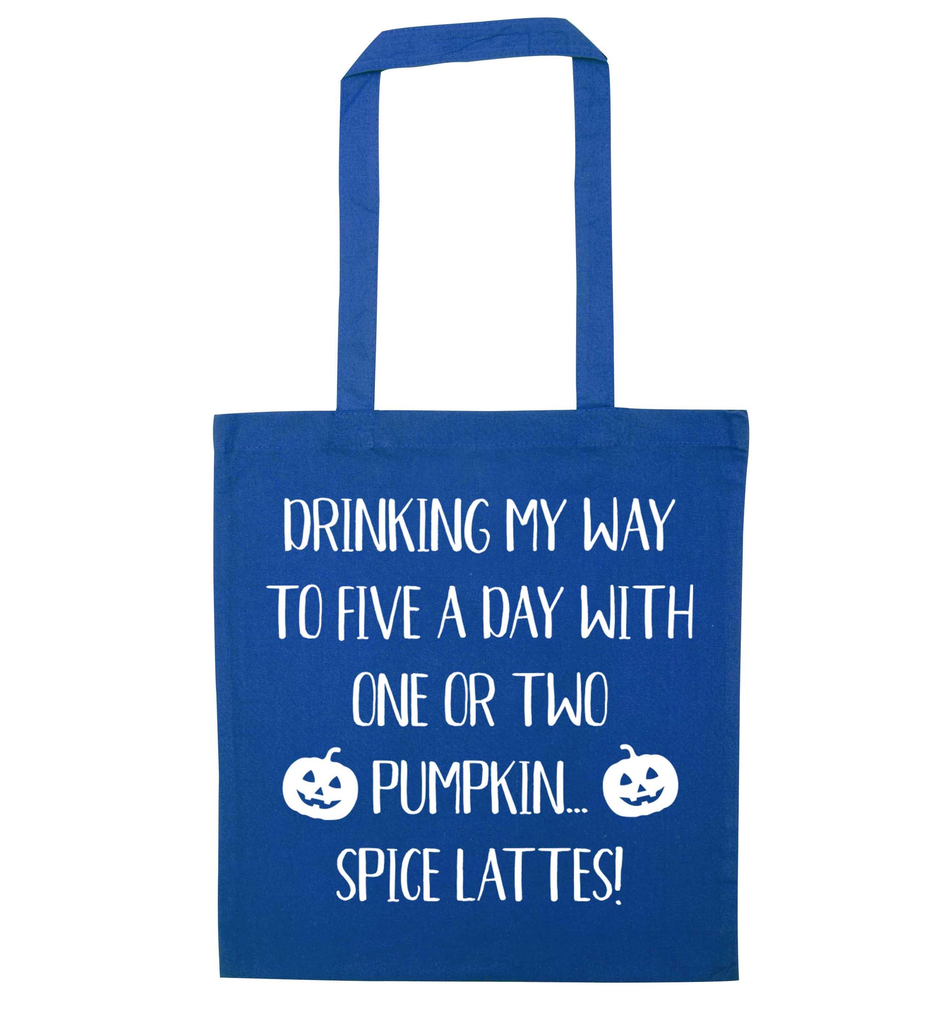5 a Day Pumpkin Lattes blue tote bag