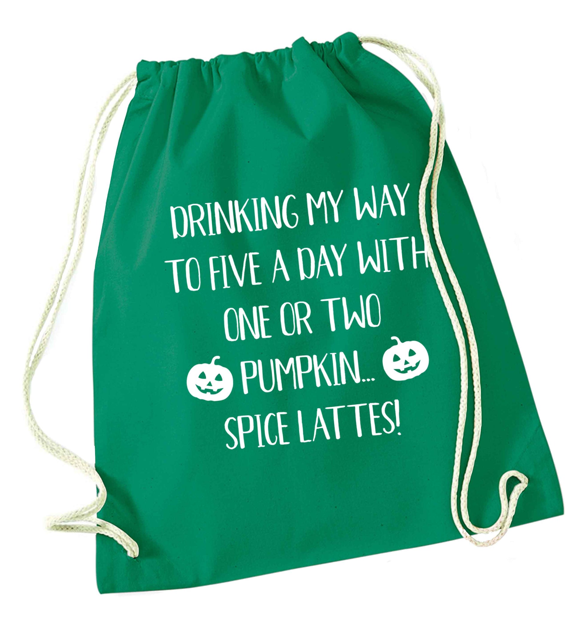 5 a Day Pumpkin Lattes green drawstring bag