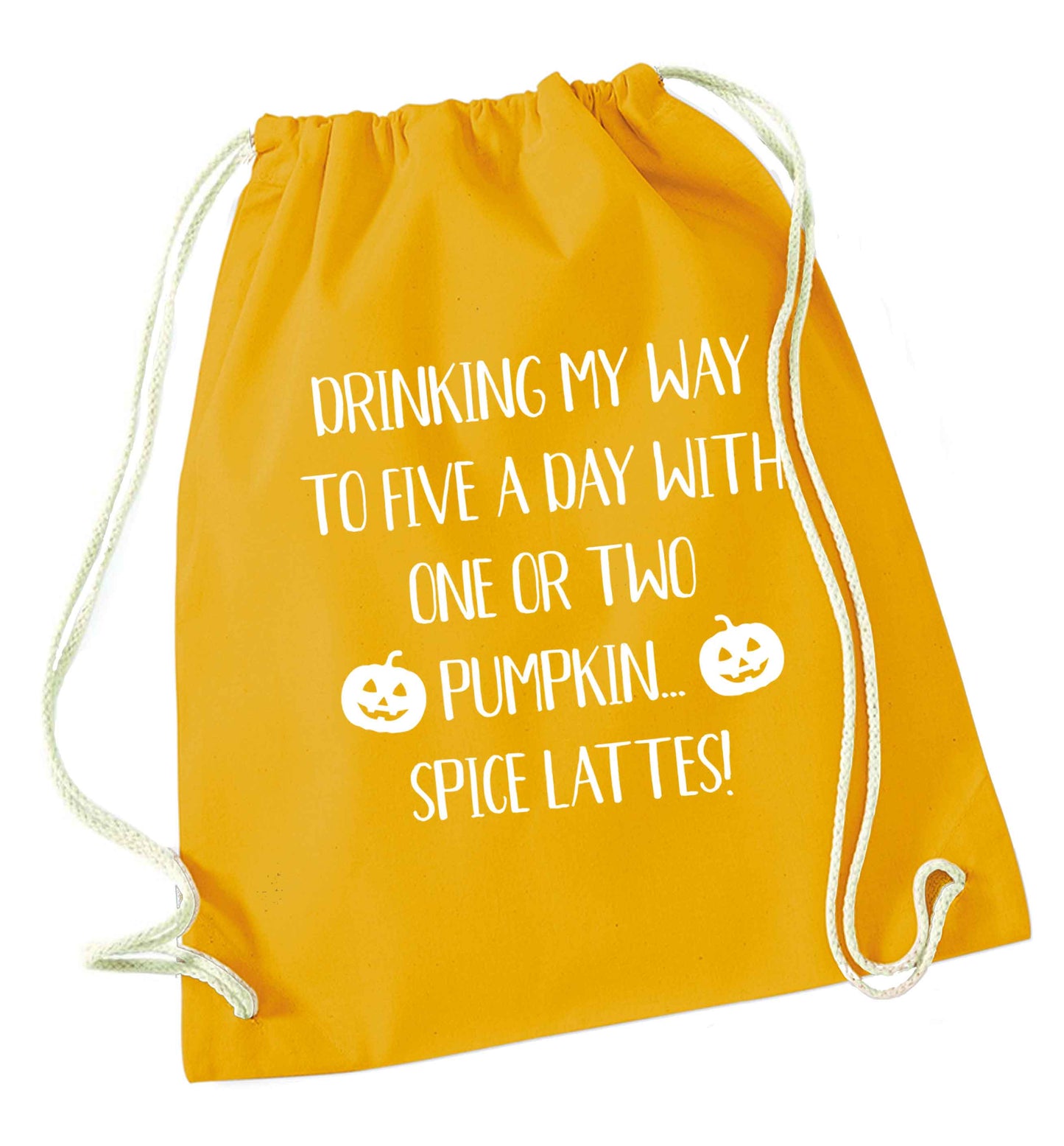 5 a Day Pumpkin Lattes mustard drawstring bag