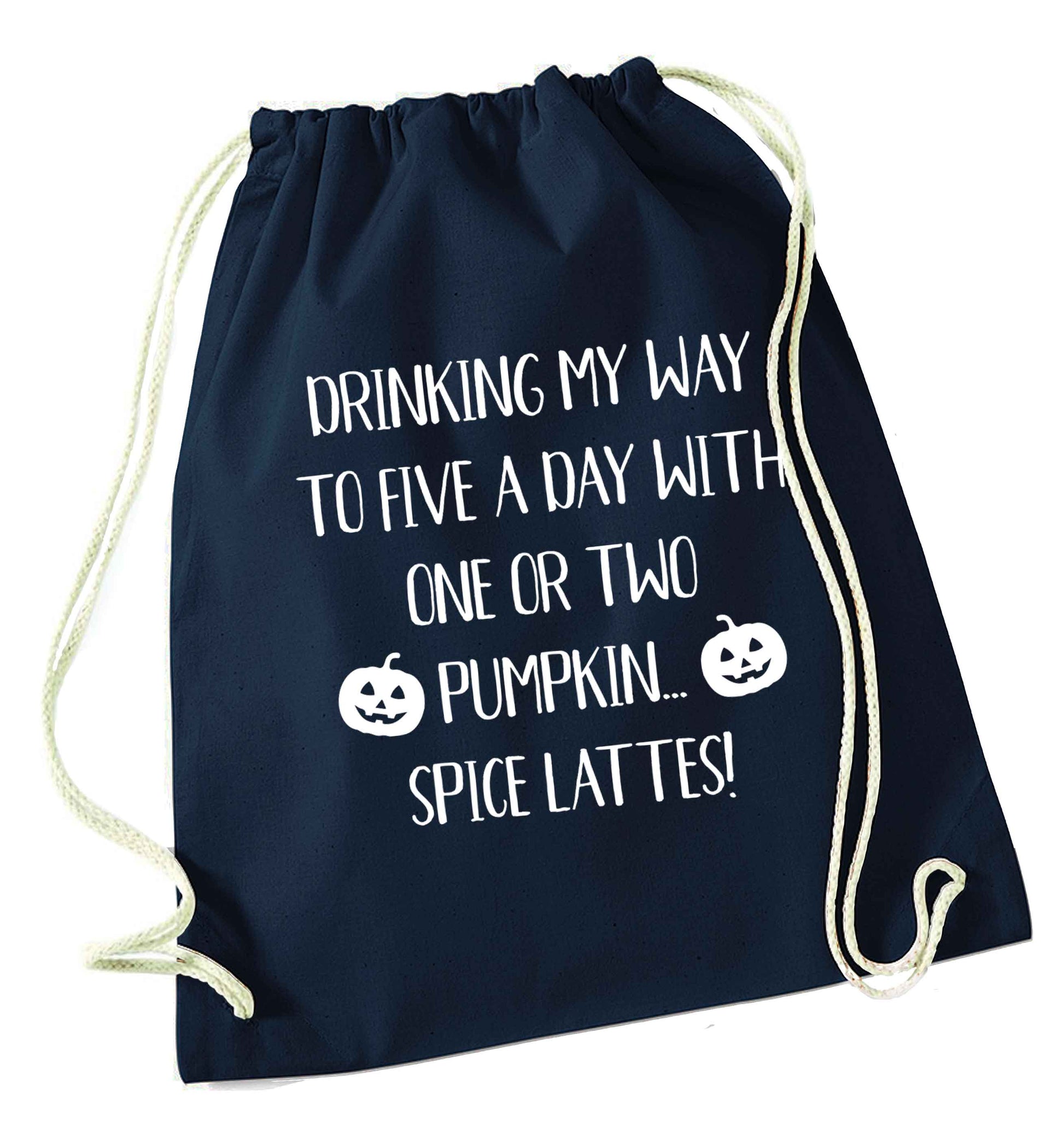 5 a Day Pumpkin Lattes navy drawstring bag