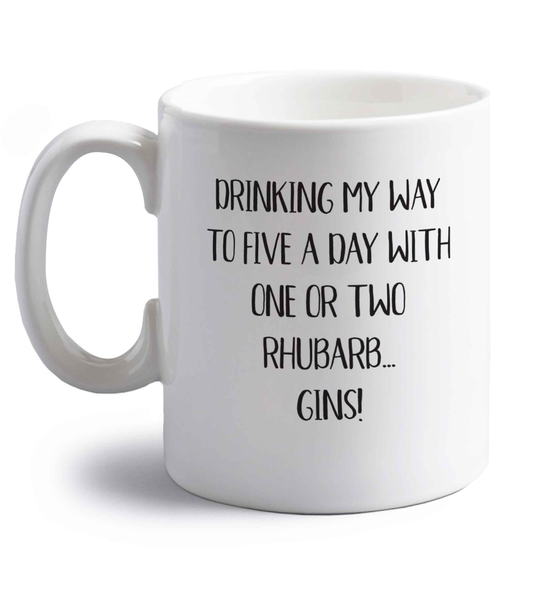 Drinking my way to five a day with one or two rhubarb gins right handed white ceramic mug 