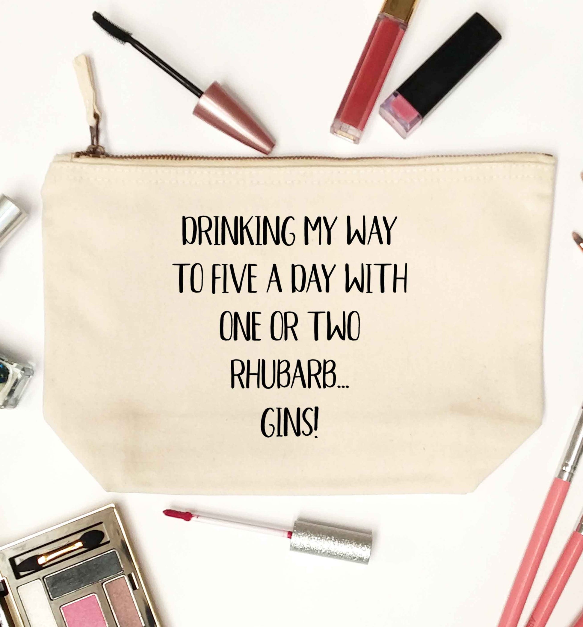 Drinking my way to five a day with one or two rhubarb gins natural makeup bag