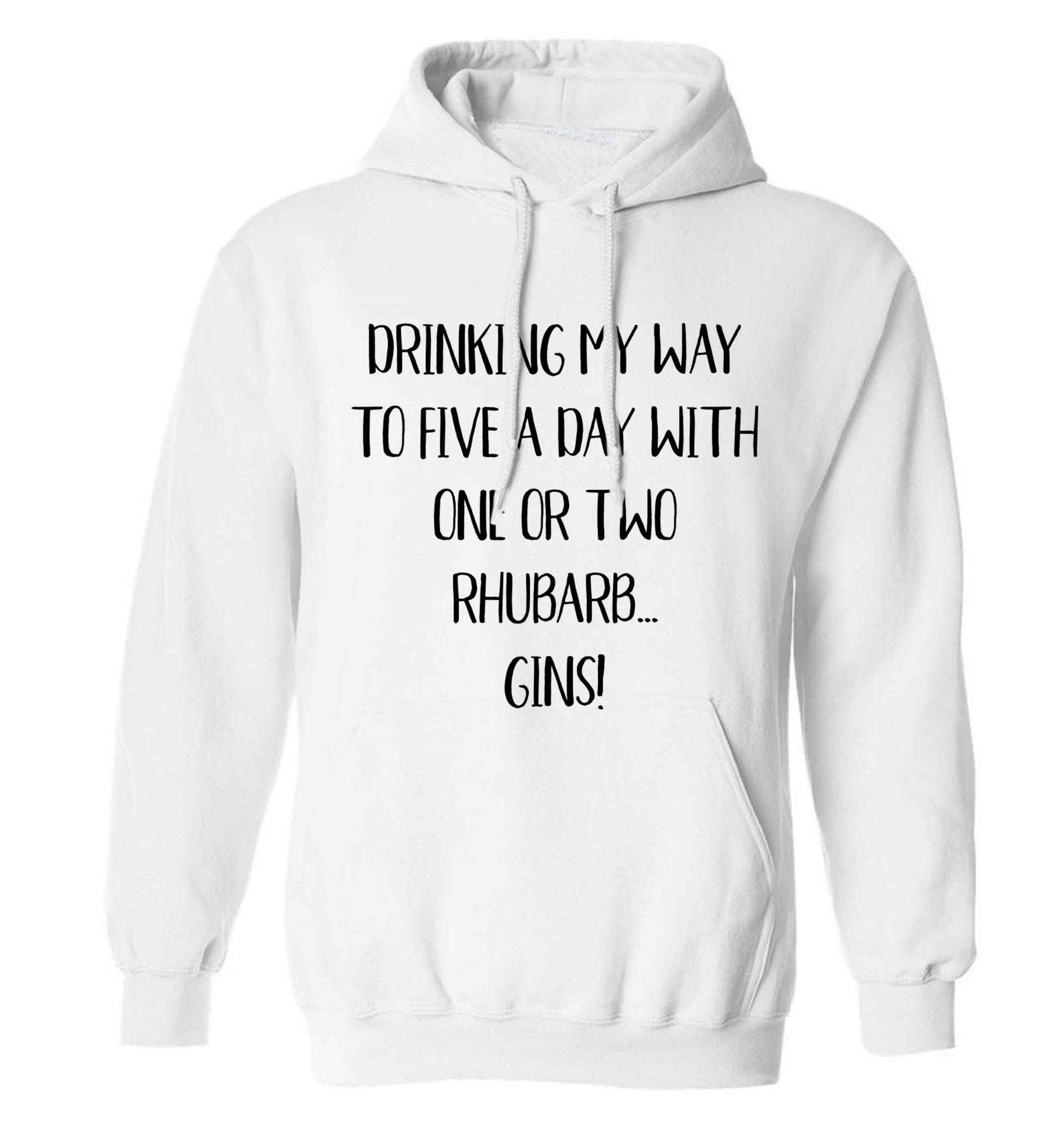 Drinking my way to five a day with one or two rhubarb gins adults unisex white hoodie 2XL