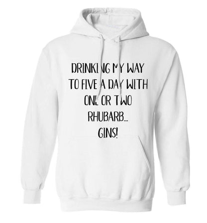 Drinking my way to five a day with one or two rhubarb gins adults unisex white hoodie 2XL