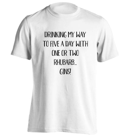 Drinking my way to five a day with one or two rhubarb gins adults unisex white Tshirt 2XL