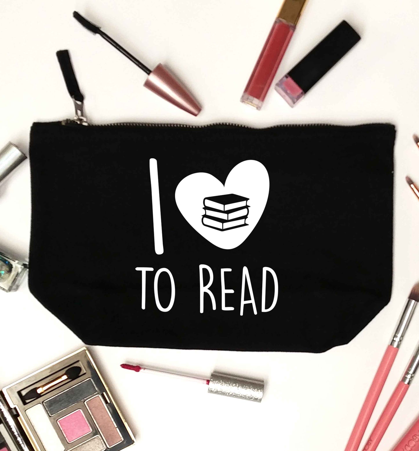 I love to read black makeup bag