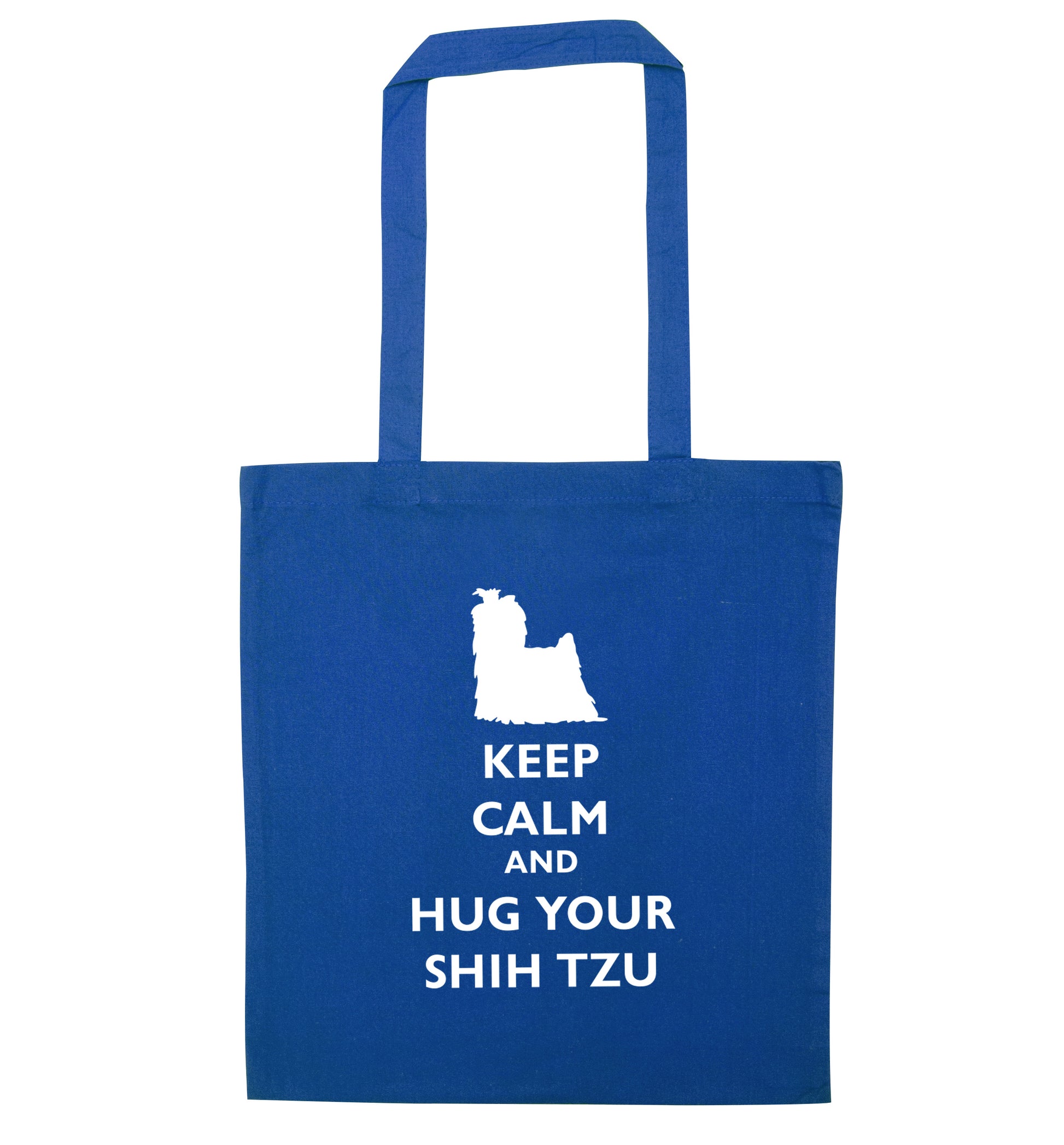 Keep calm and hug your shih tzu blue tote bag