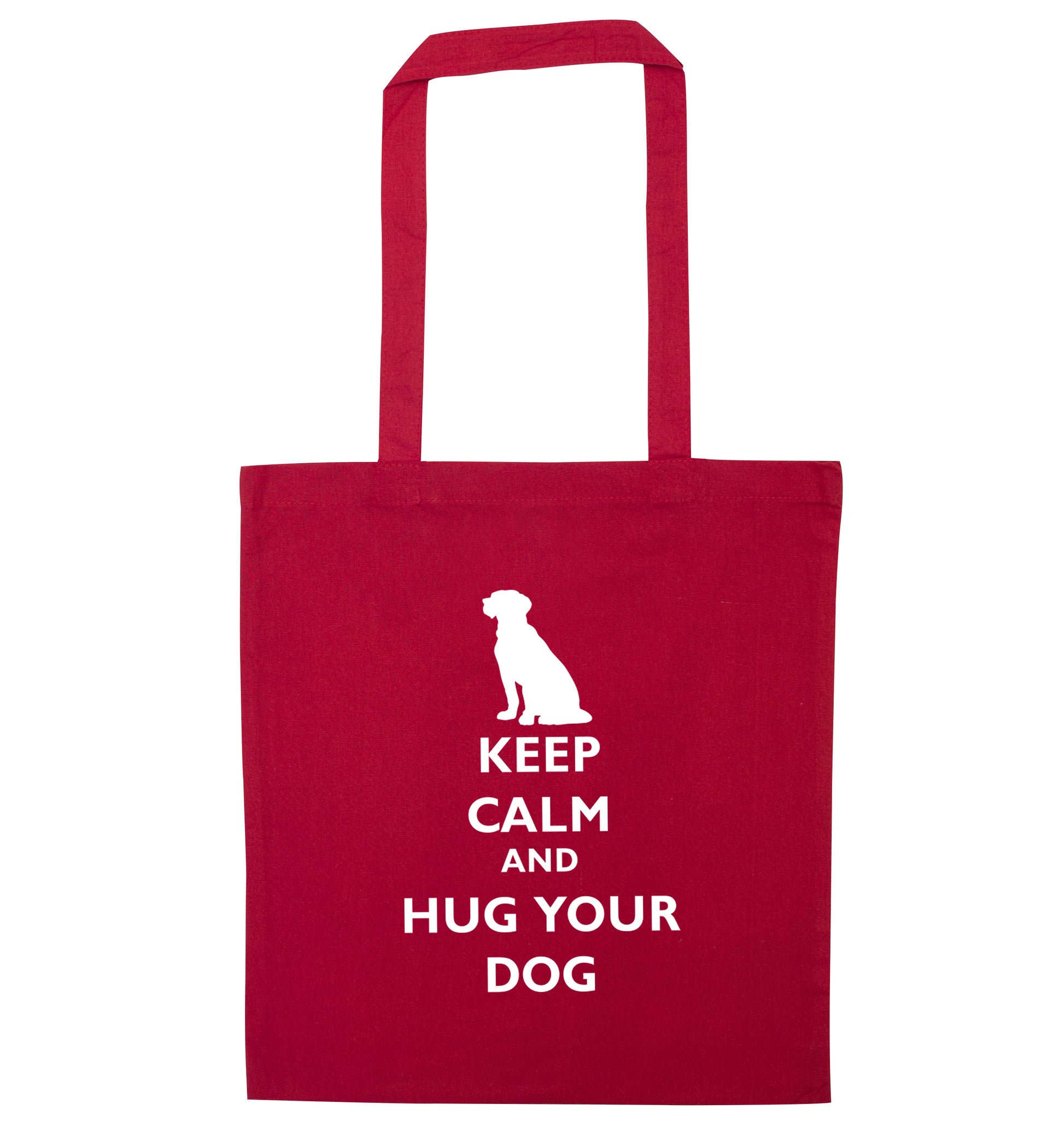 Keep calm and hug your dog red tote bag